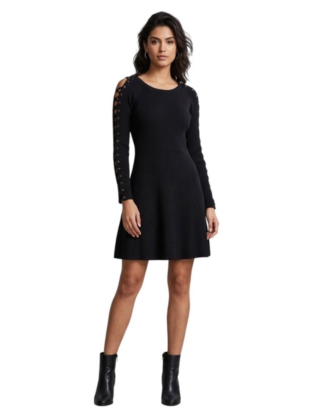 Neiman Marcus Lace Up Long Sleeve Midi Dress Gray Size S Preppy Academia Witchy